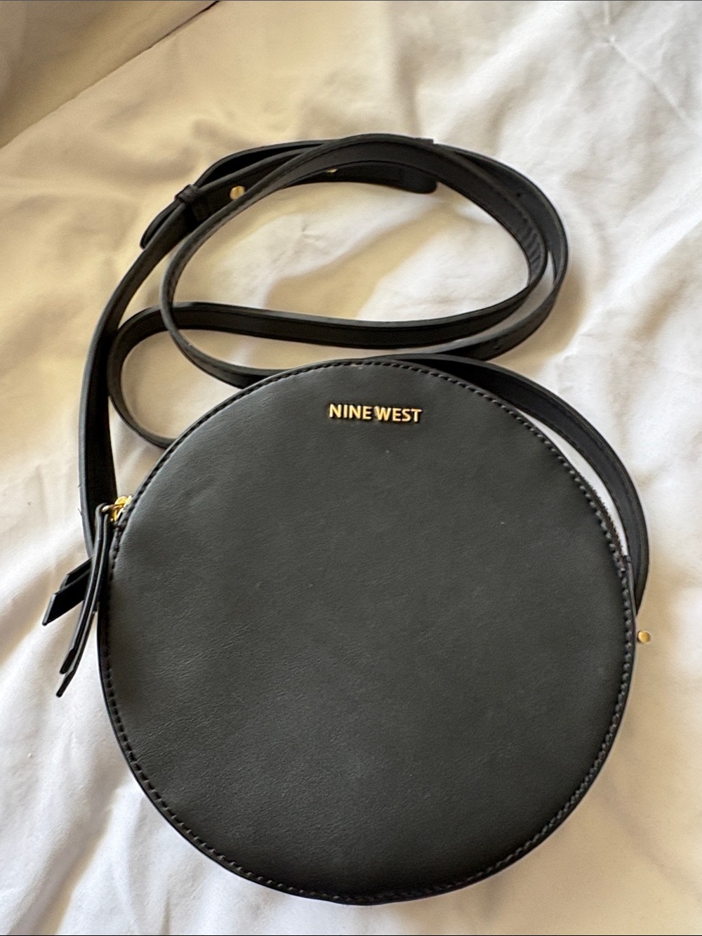 Nine West Black Round Crossbody Purse with Gold Logo